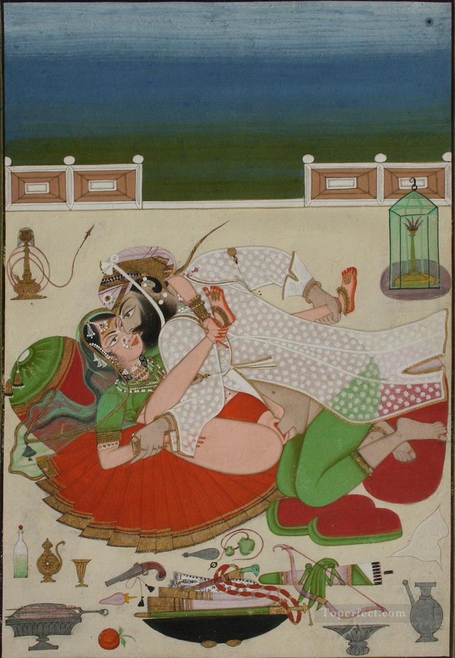 Lovemaking Couple in on Palace Terrace Udaipur Circa 1830 sexy Oil Paintings